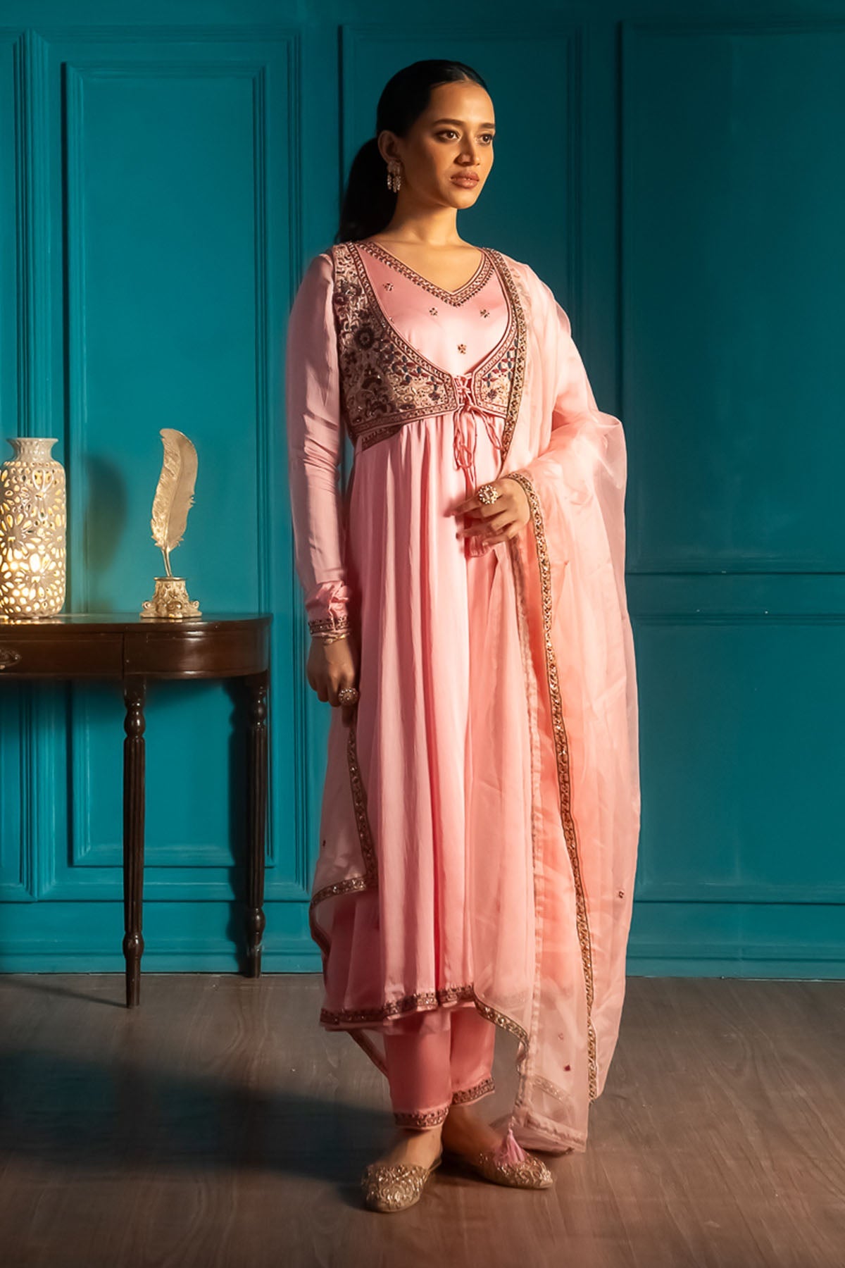 Buy Pink V-Neck Flared Anarkali Set by Aavya for women online at ScrollnShops