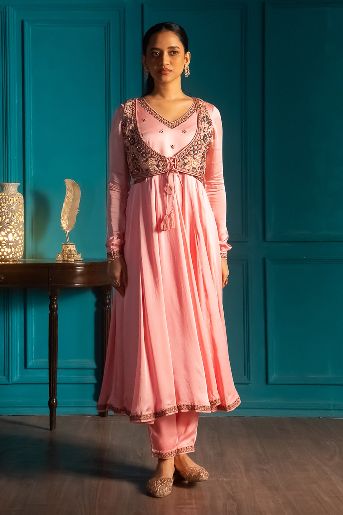 Pink V-Neck Flared Anarkali Set
