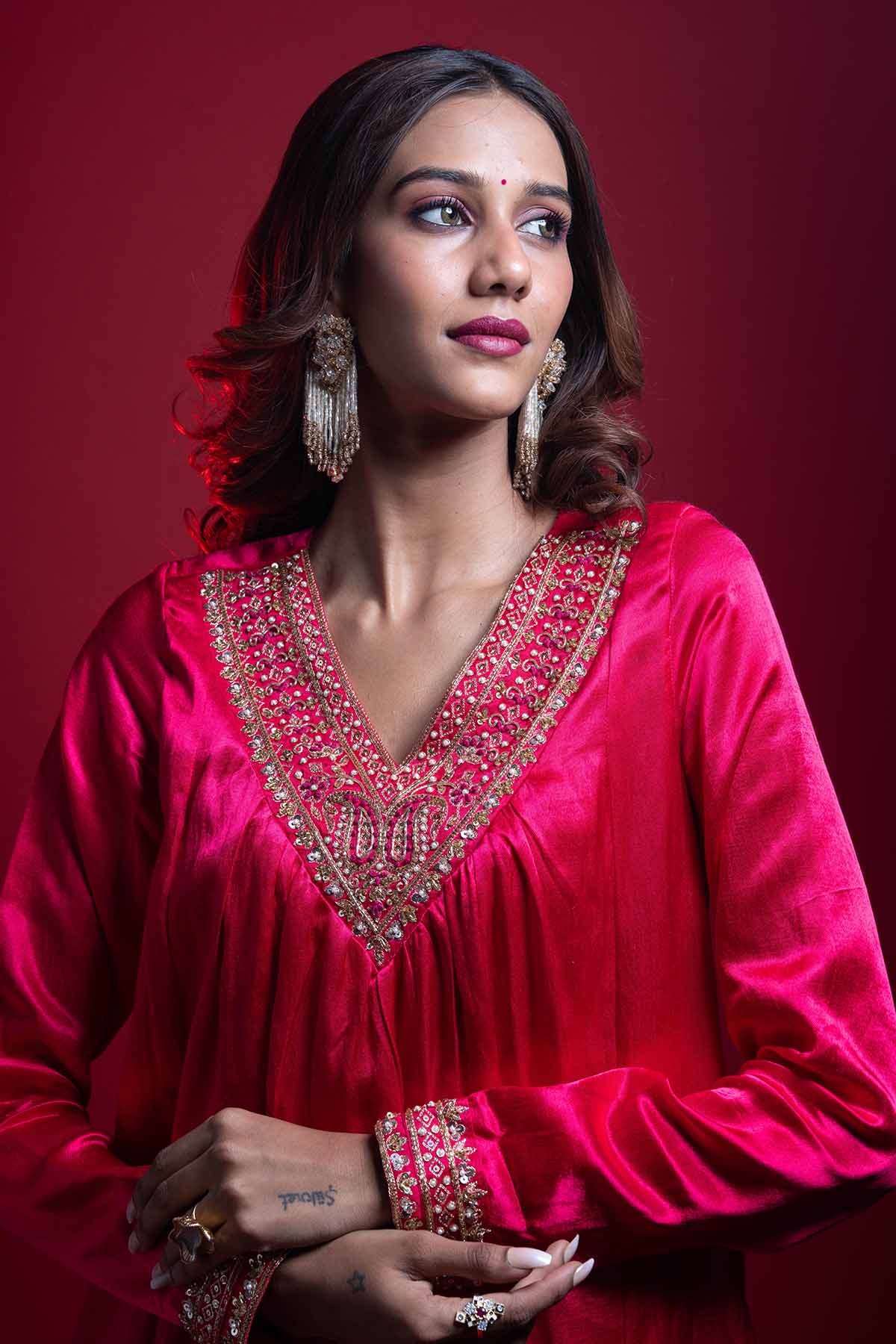 Pink V-Neck Flared Kurta Set