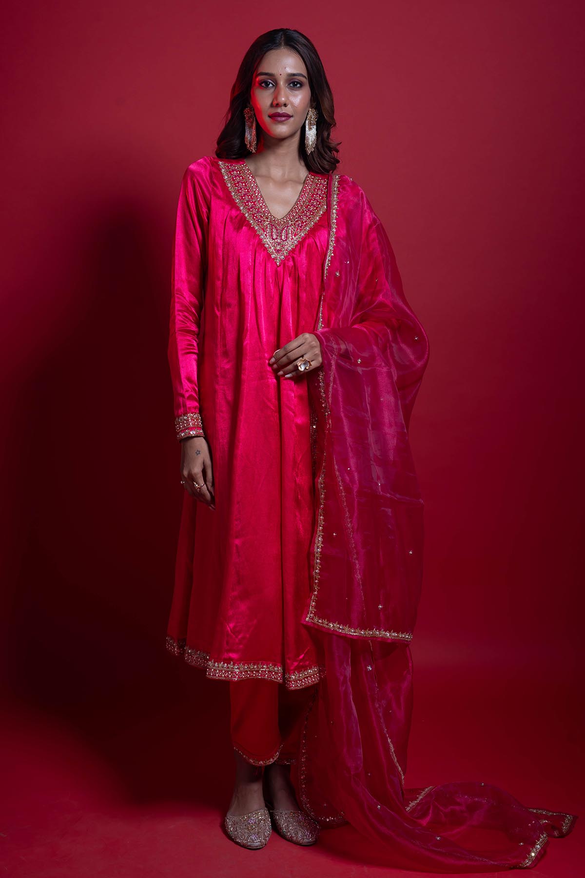 Buy Pink V-Neck Flared Kurta Set by Aavya for women online at ScrollnShops