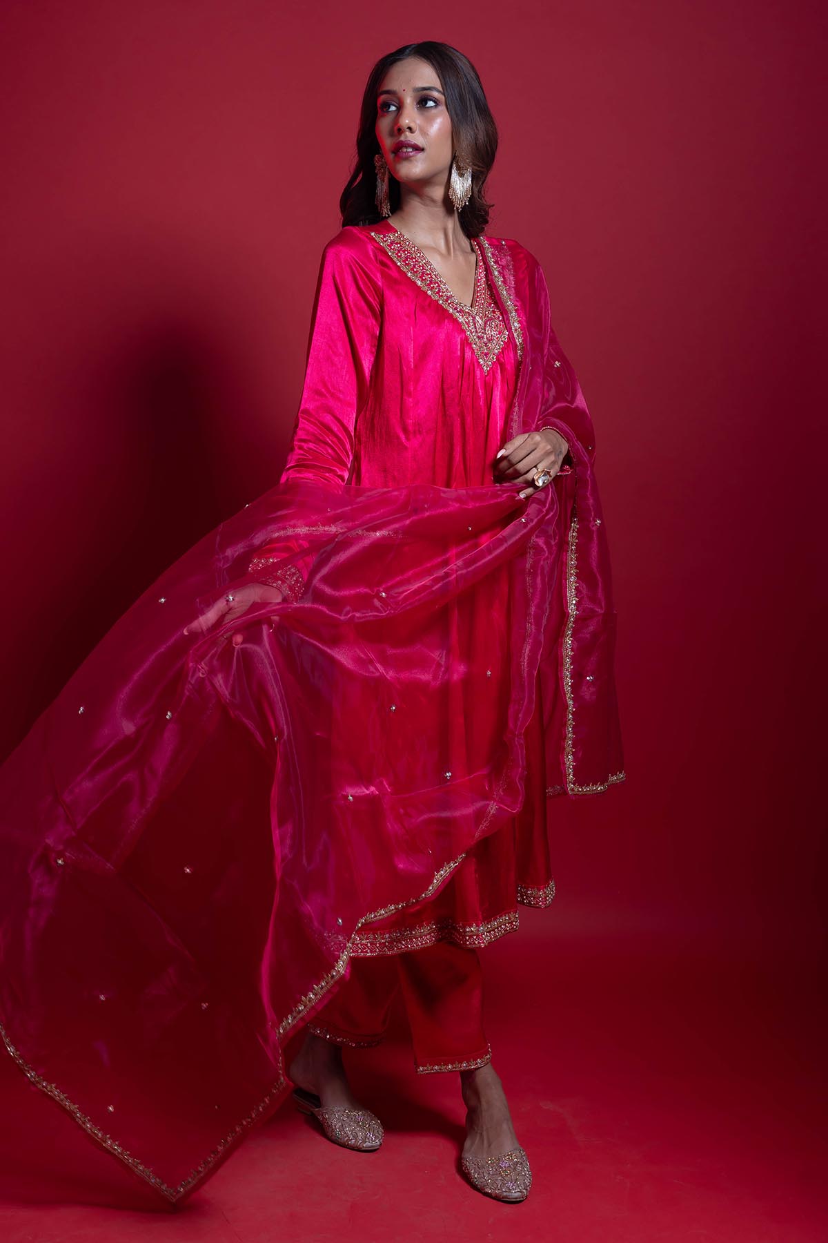 Pink V-Neck Flared Kurta Set