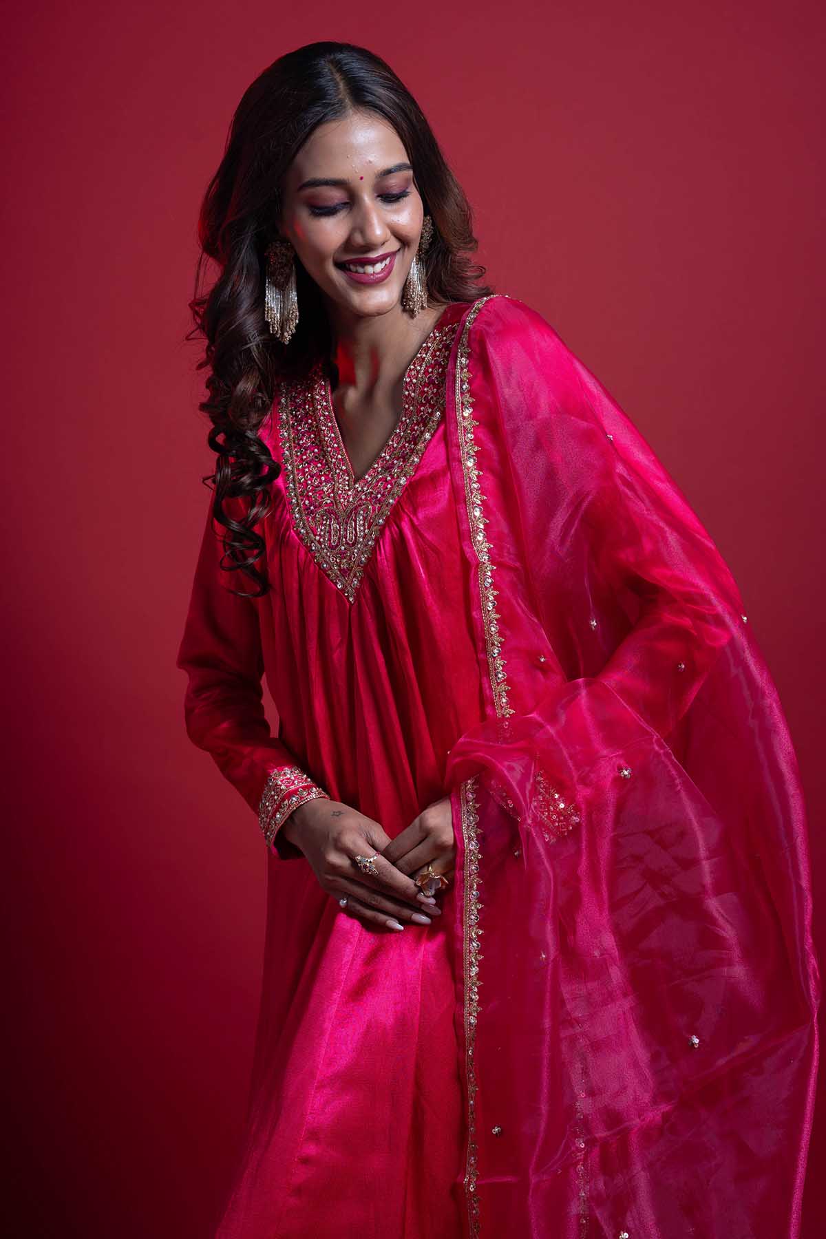 Pink V-Neck Flared Kurta Set
