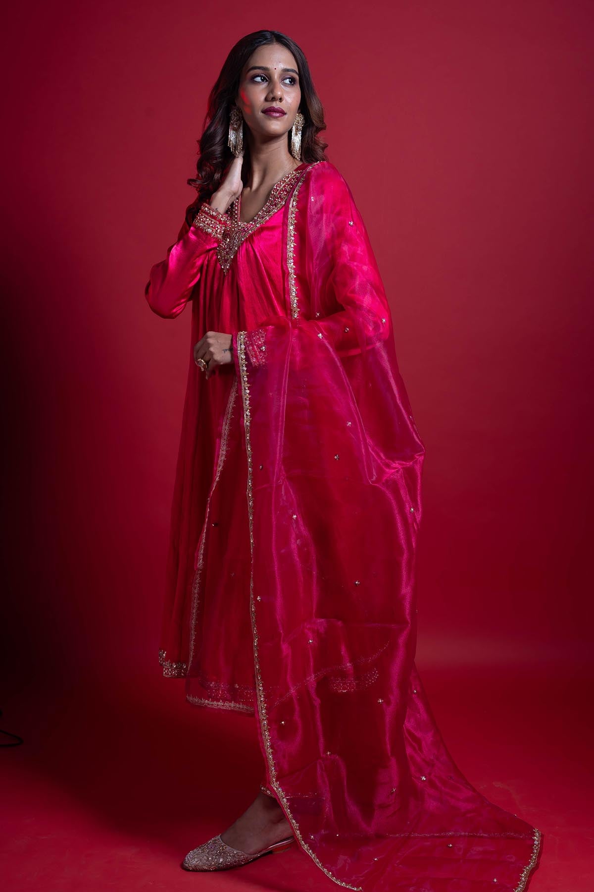 Pink V-Neck Flared Kurta Set