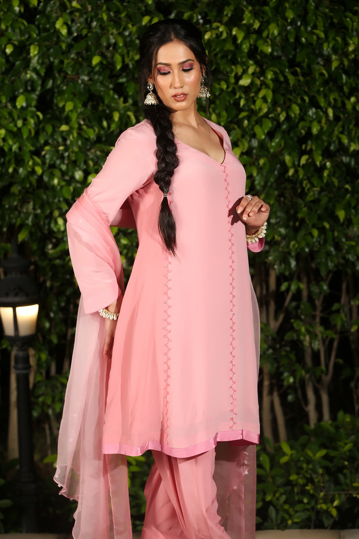 Pink V-Neck High-Low Kurta Set