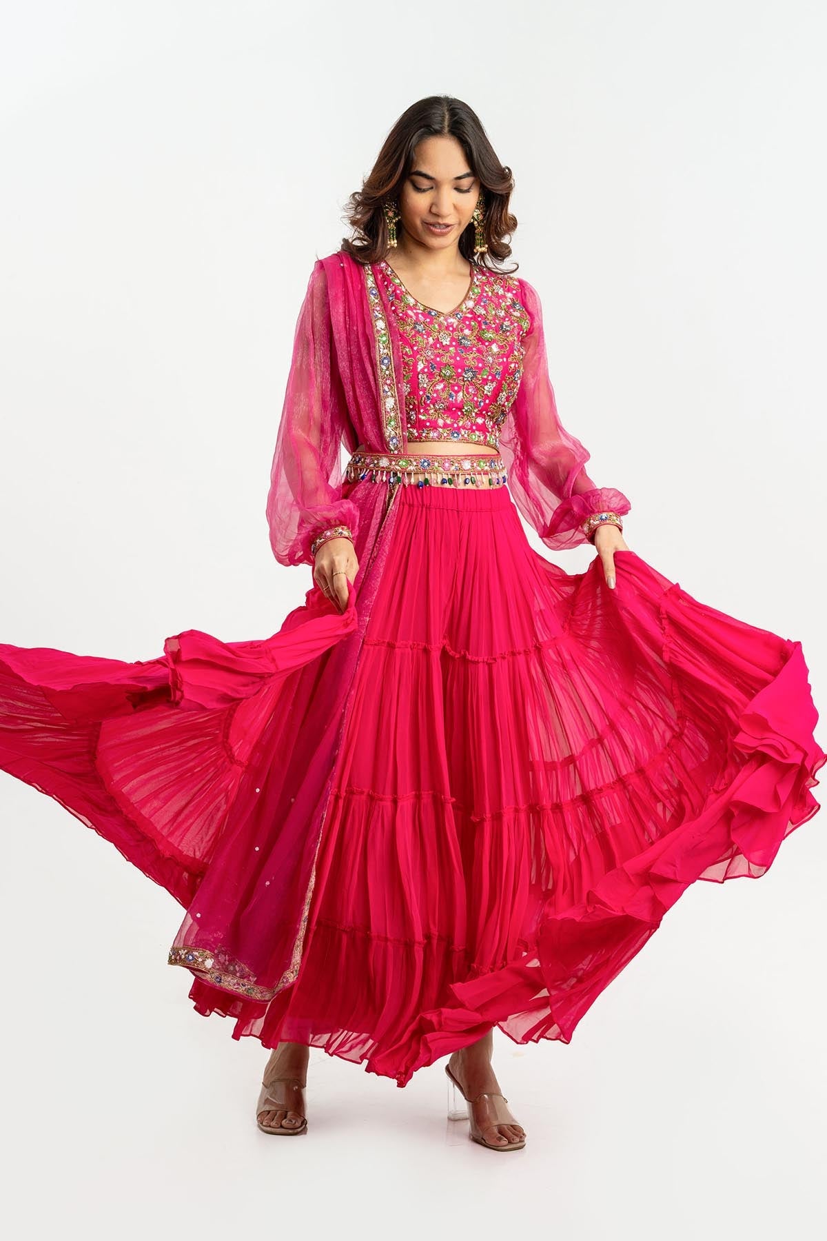 Buy Pink V-Neck Layered Lehenga Set Online