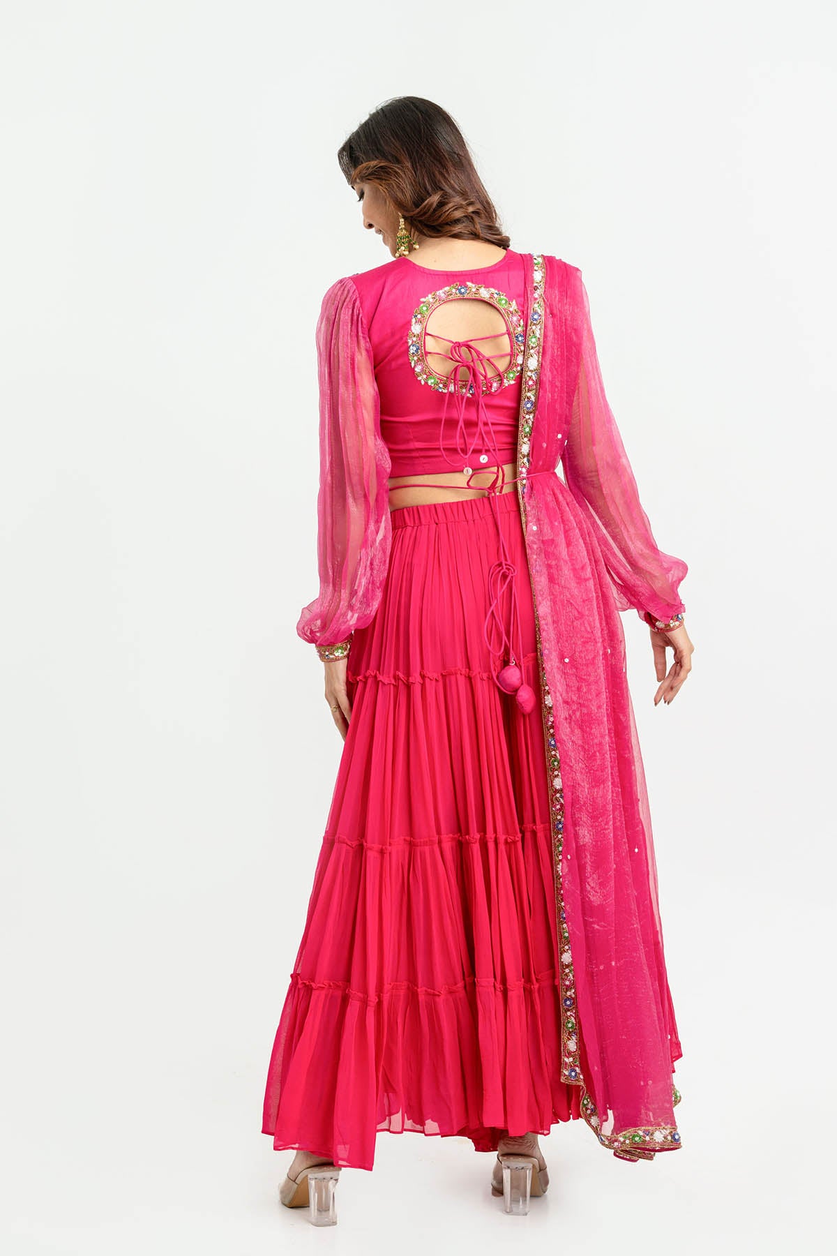 Pink V-Neck Layered Lehenga Set
