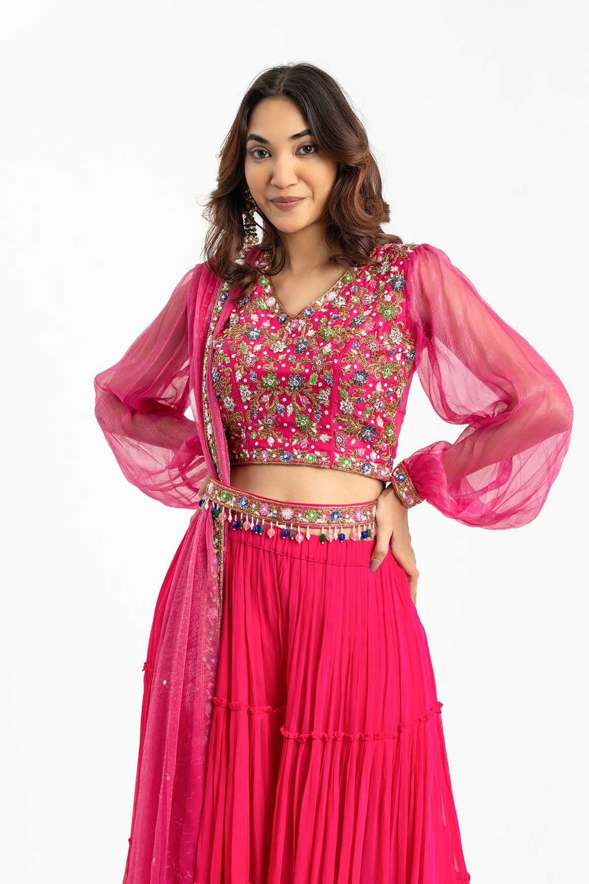 Pink V-Neck Layered Lehenga Set