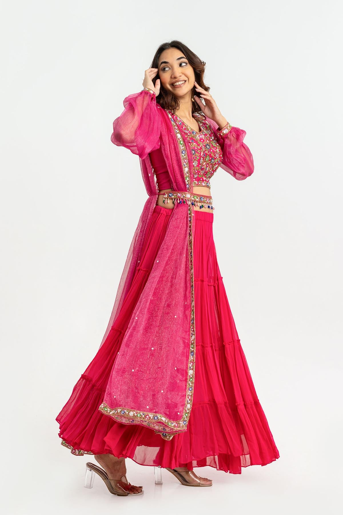 Pink V-Neck Layered Lehenga Set