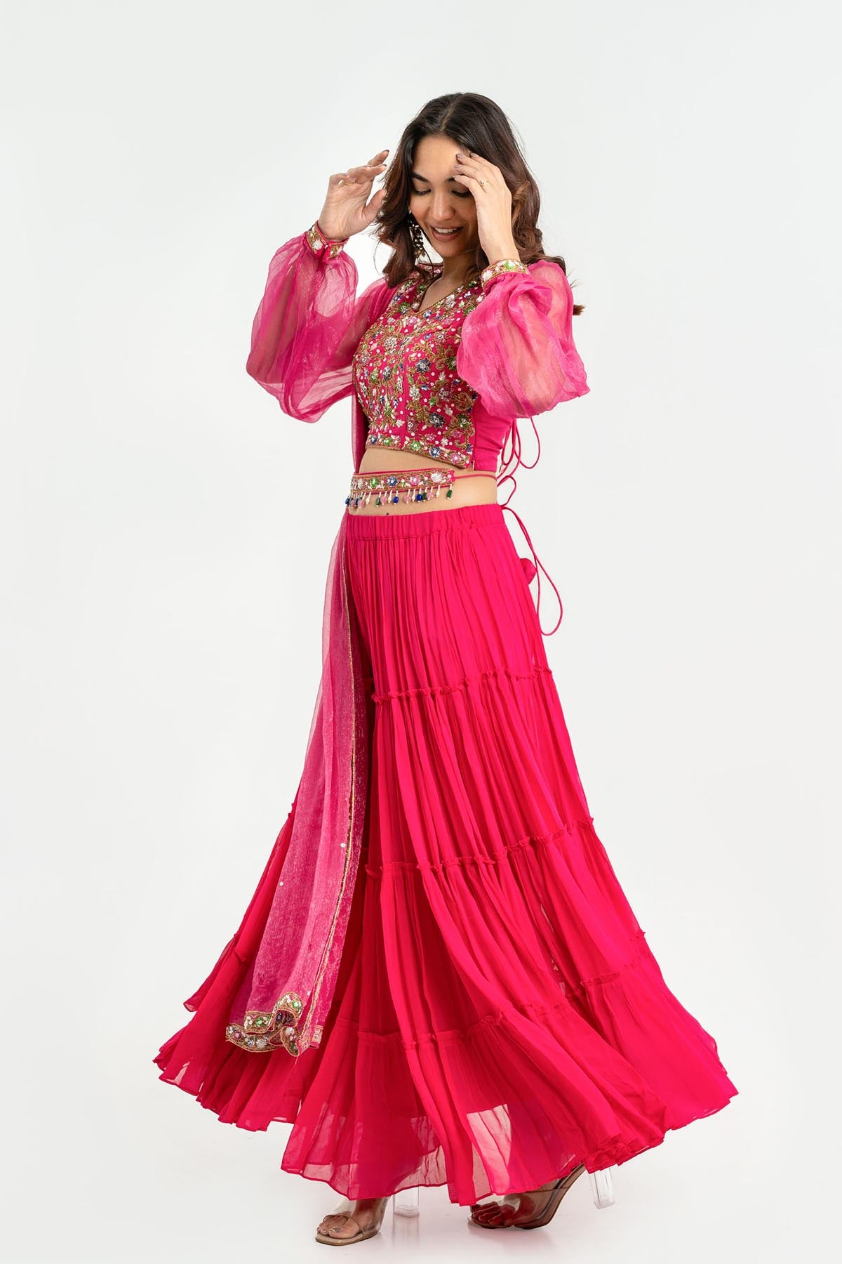 Pink V-Neck Layered Lehenga Set