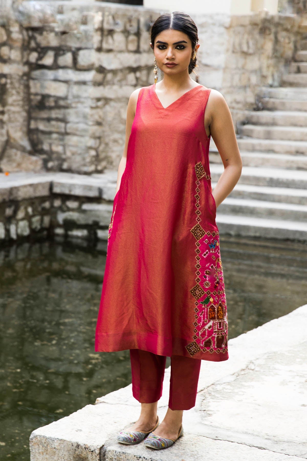 Seharre Pink V-Neck Patola Kurta Set for women online at ScrollnShops