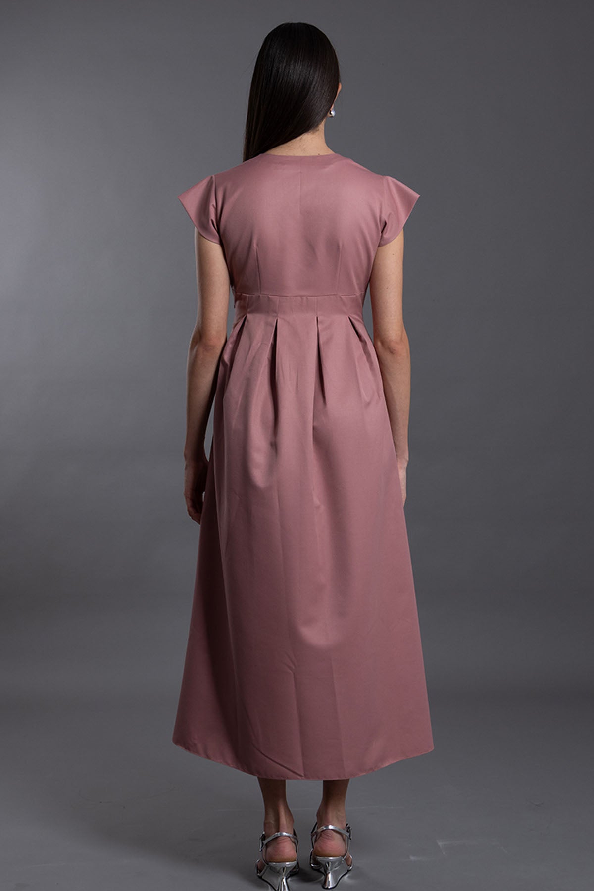 Pink V-Neck Pleated Midi Dress