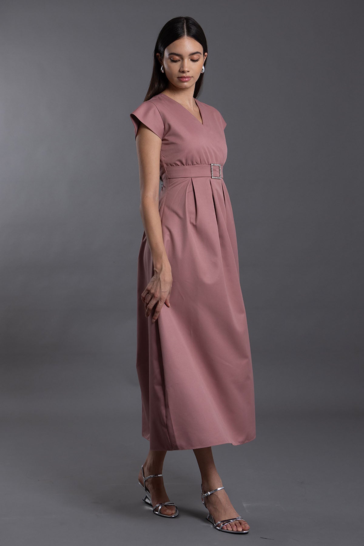 Pink V-Neck Pleated Midi Dress