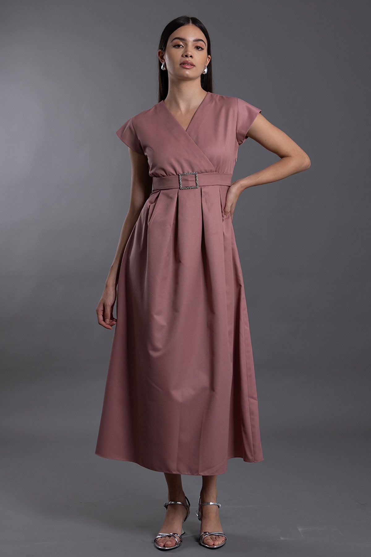 Pink V-Neck Pleated Midi Dress