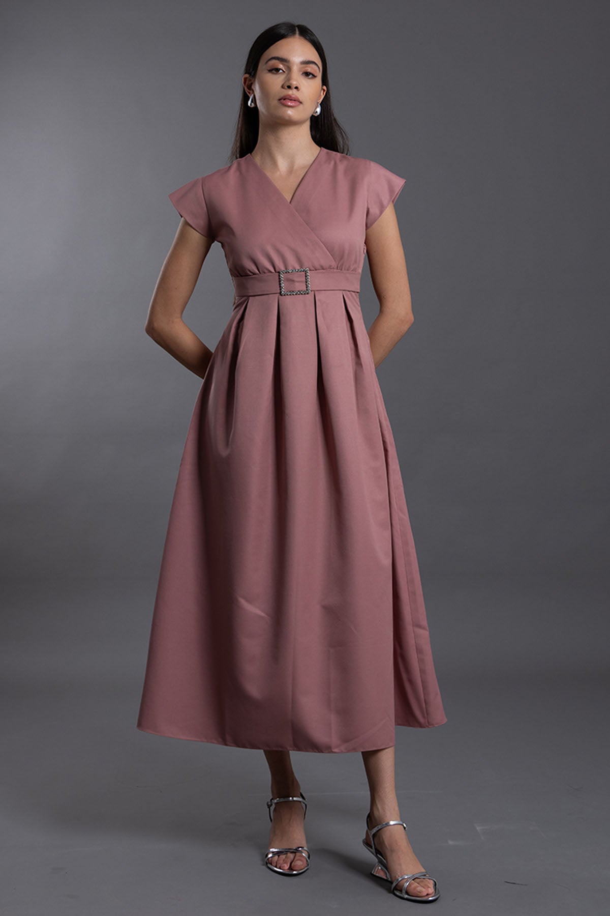 Vanten Pink V-Neck Pleated Midi Dress for women online at ScrollnShops