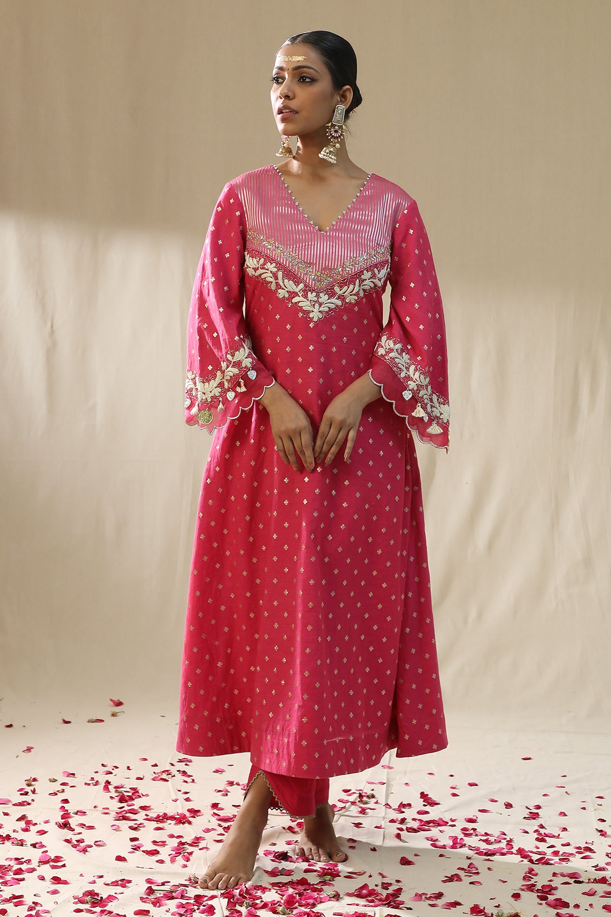 Pink V-Neck Zardozi Kurta Set