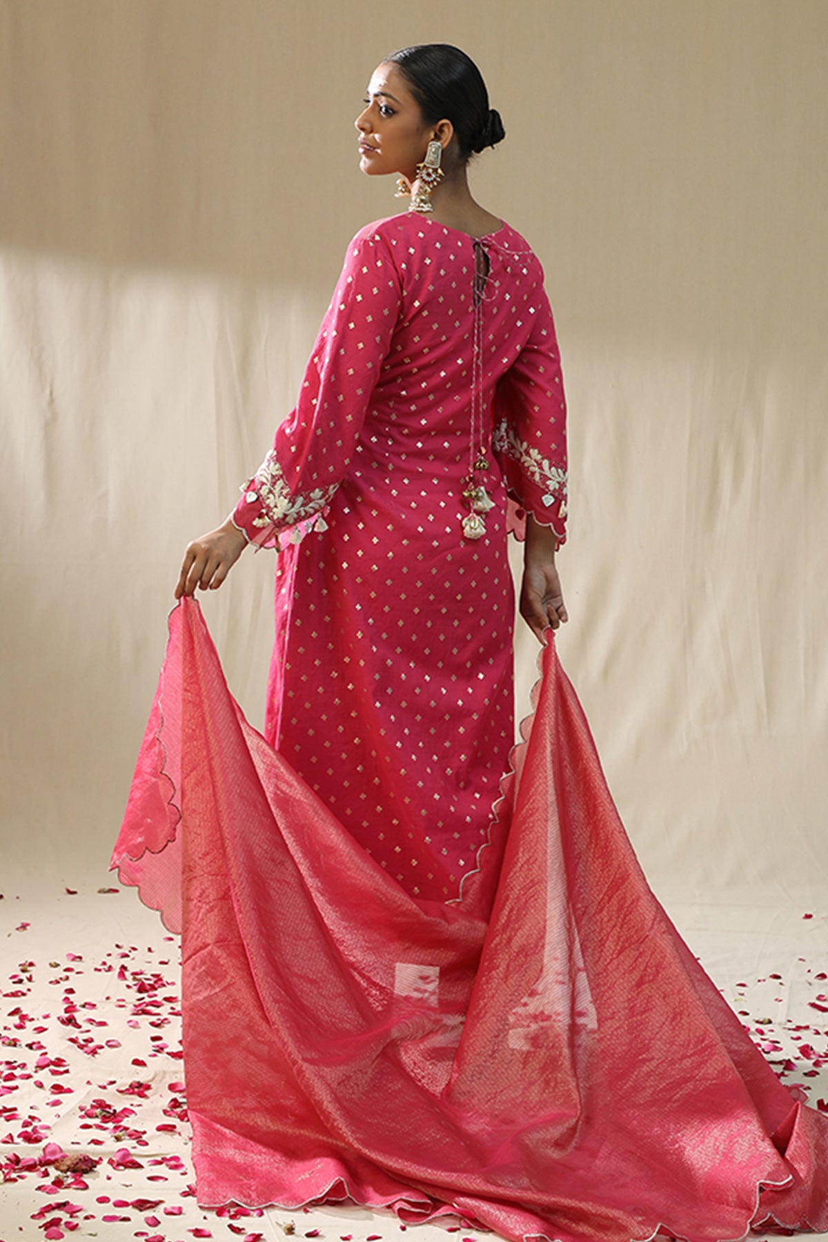 Pink V-Neck Zardozi Kurta Set