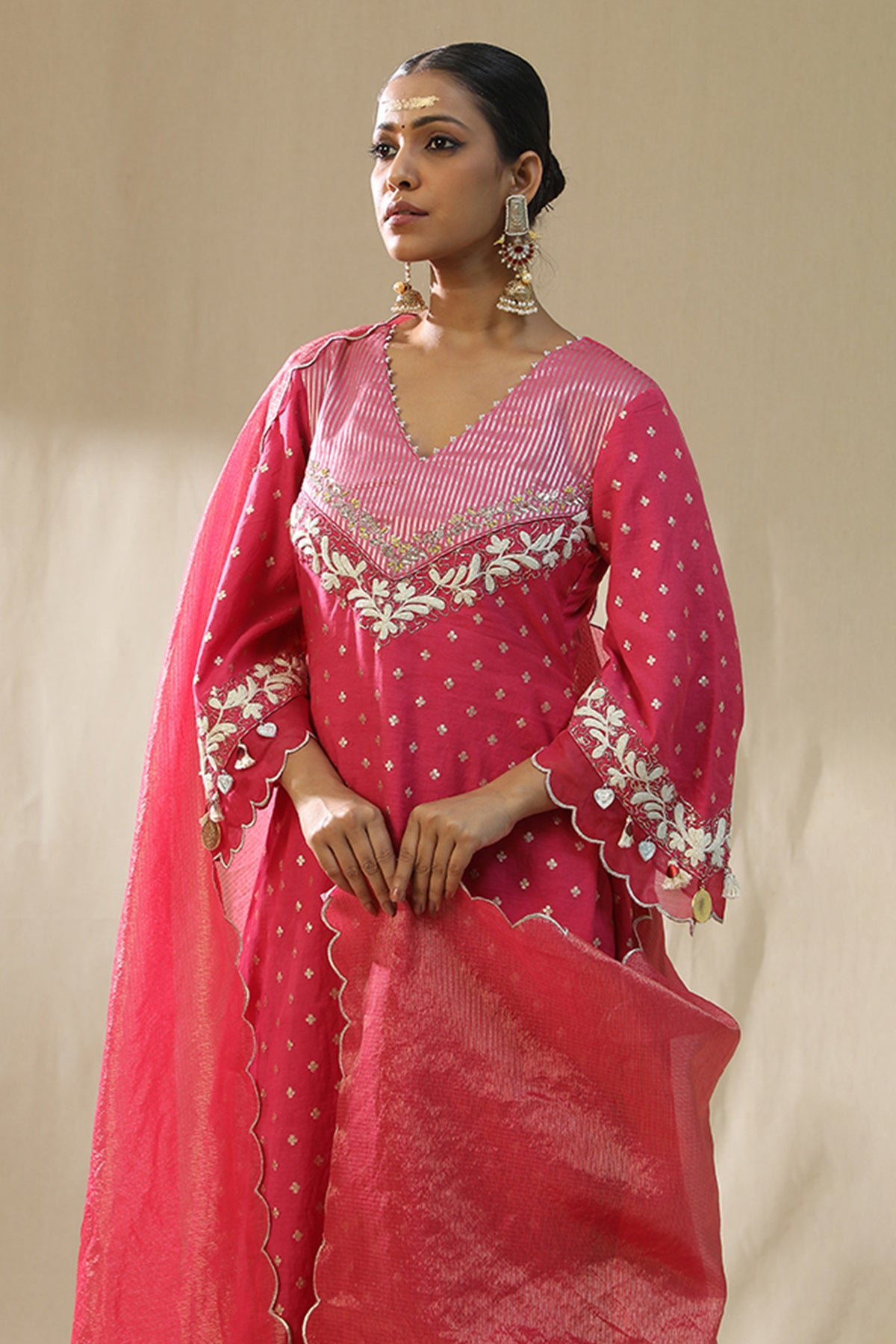 Pink V-Neck Zardozi Kurta Set