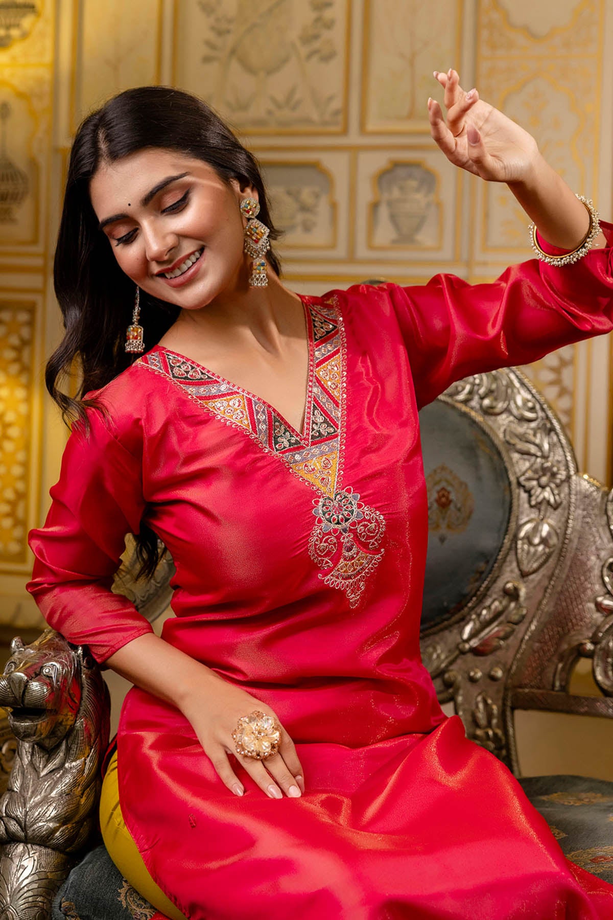 Pink V Neck Embroidery Kurta