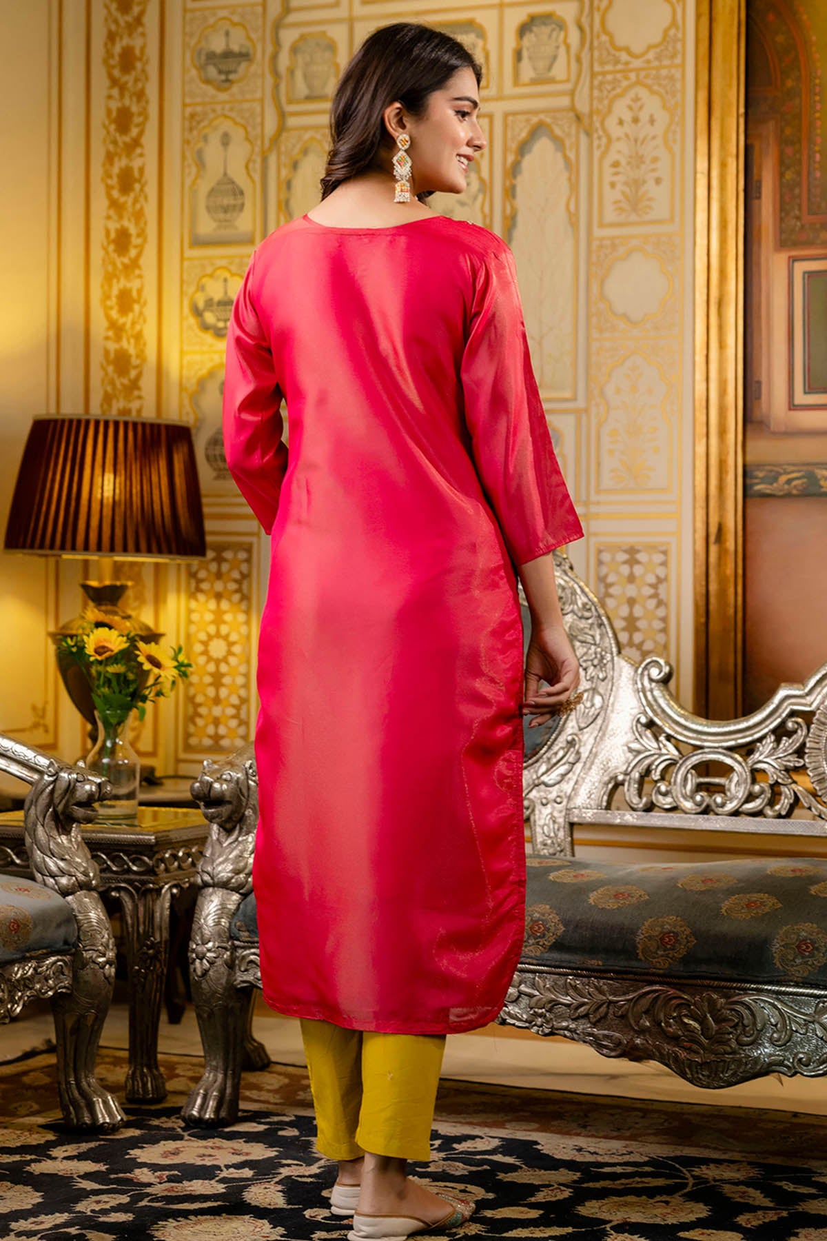 Pink V Neck Embroidery Kurta