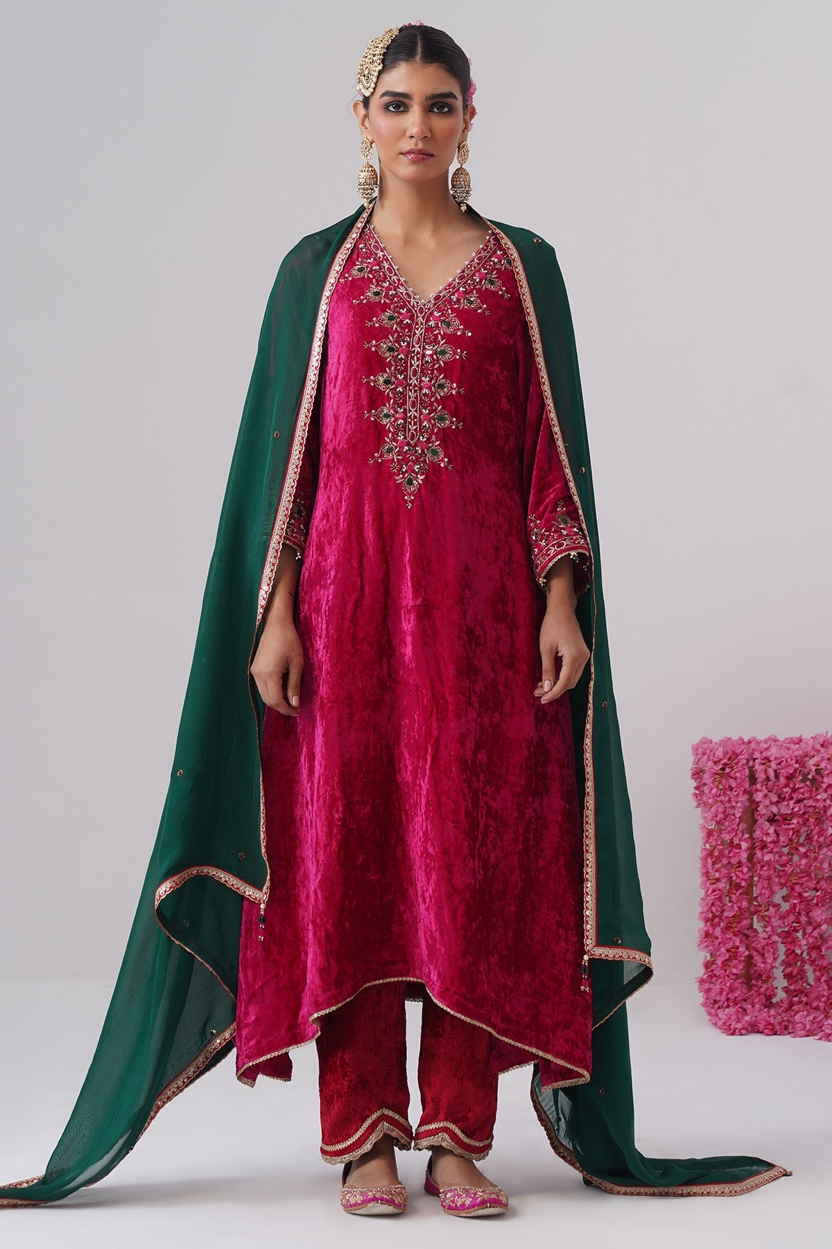 Buy Pink Velvet Pearl Kurta & Pants for women by Ugna by Unnati online available at scrollnshops