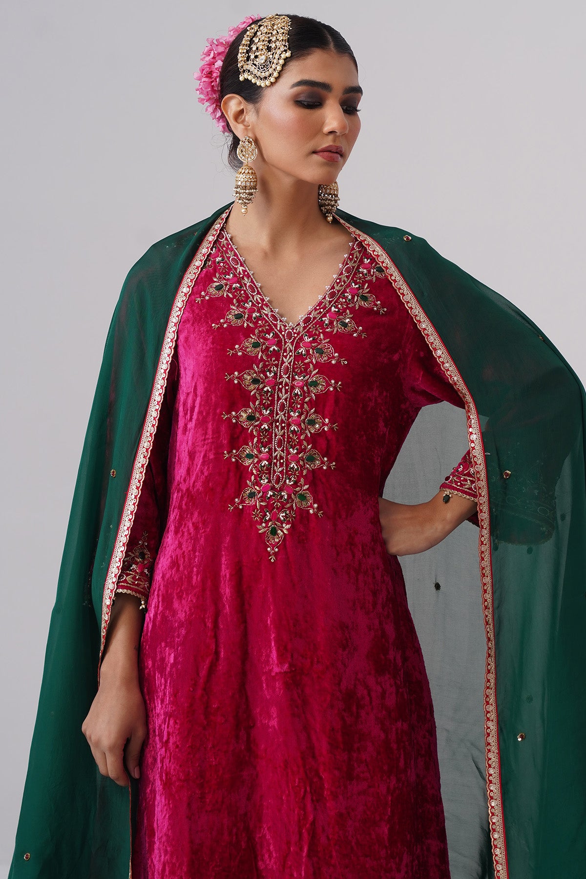 Pink Velvet Pearl Kurta & Pants