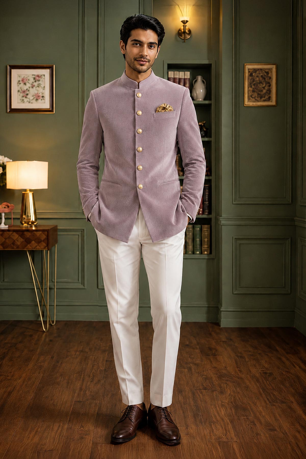 Pink Velvet Work Jodhpuri Suit