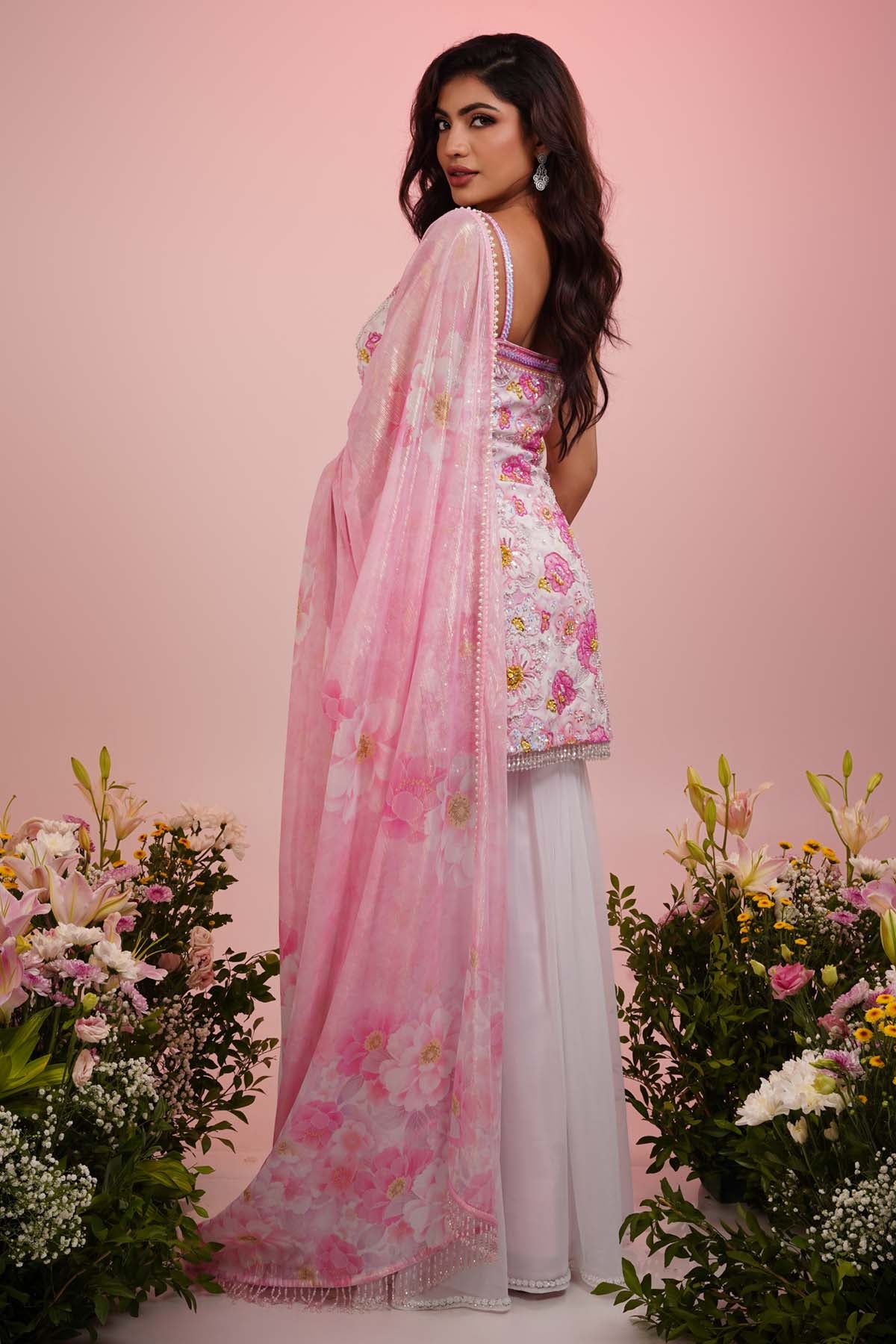 Pink Viscose Floral Sharara Set