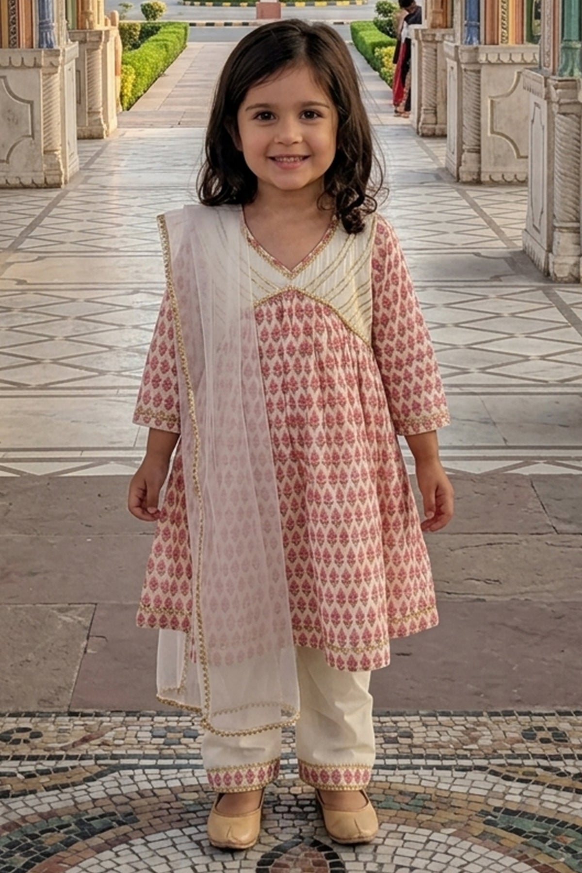 Buy Pink White Cotton Anarkali Set for Kid by ViYa online available at scrollnshops