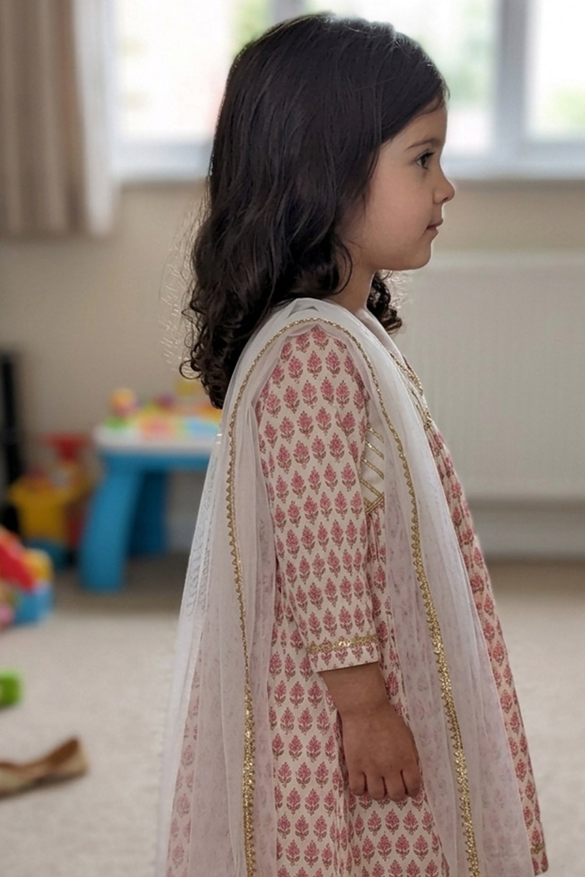 Pink White Cotton Anarkali Set