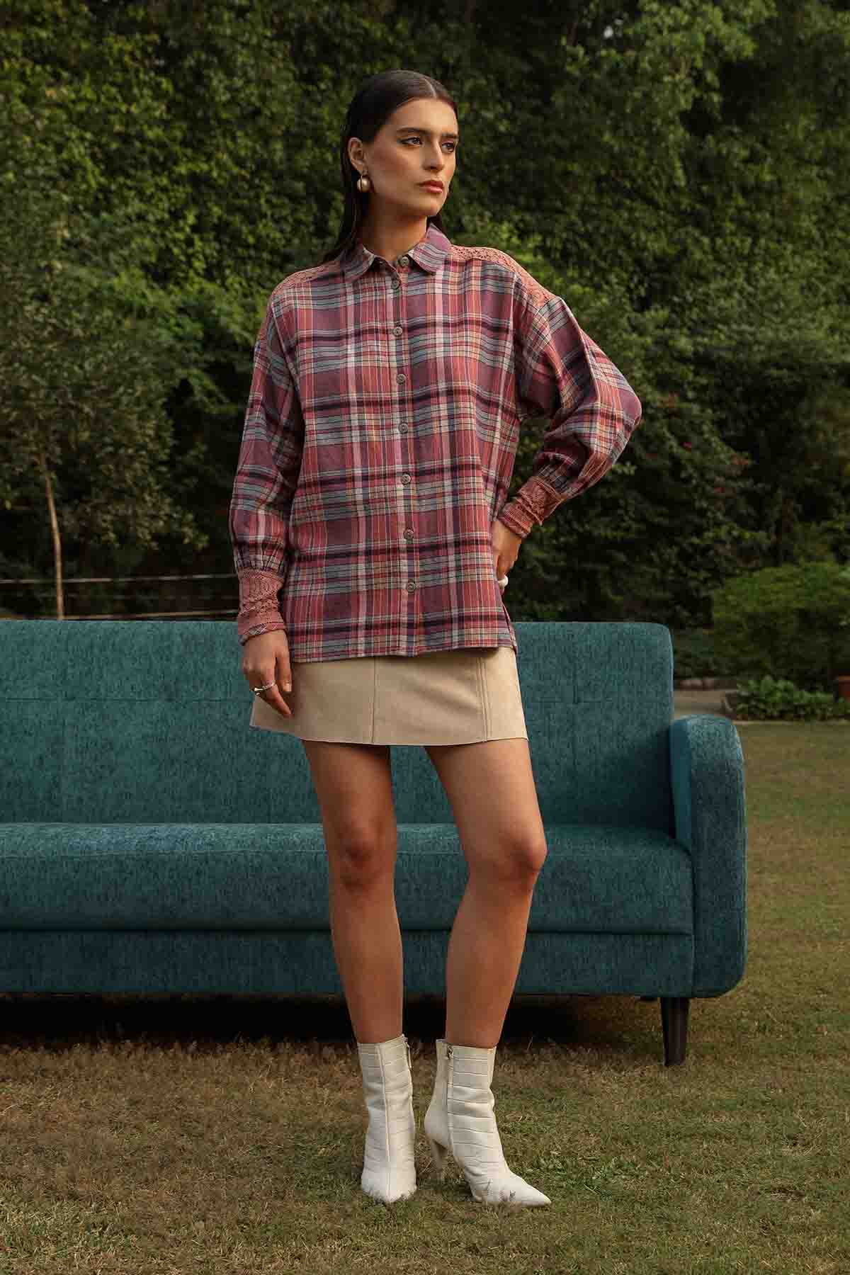 Buy Pink Yarn Dye Plaid & Lace Shirt by Sewtable Clothing for women online at ScrollnShops