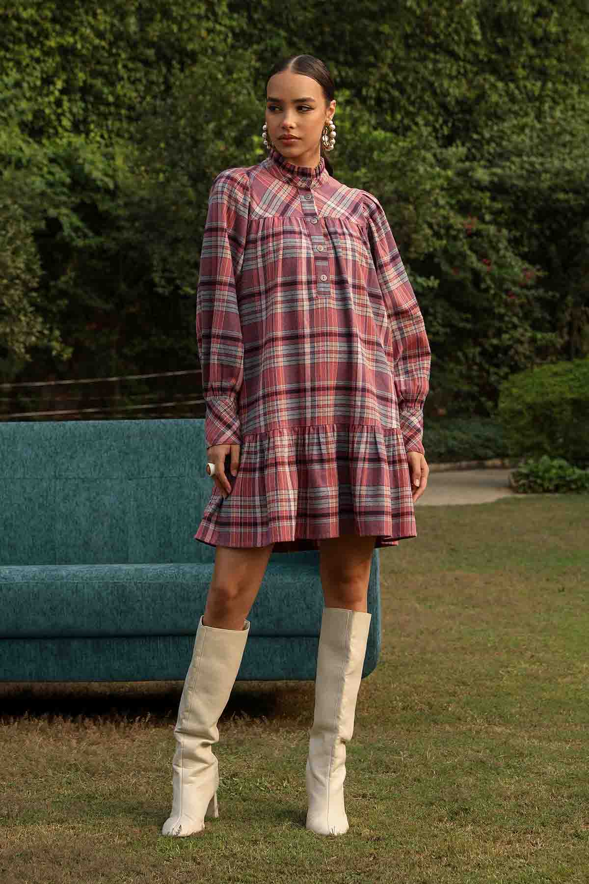 Pink Yarn Dye Plaid Mini Dress