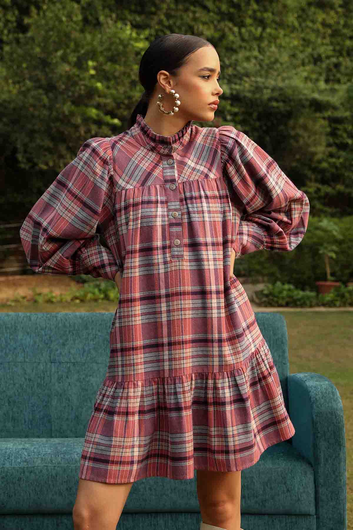 Buy Pink Yarn Dye Plaid Mini Dress by Sewtable Clothing for women online at ScrollnShops