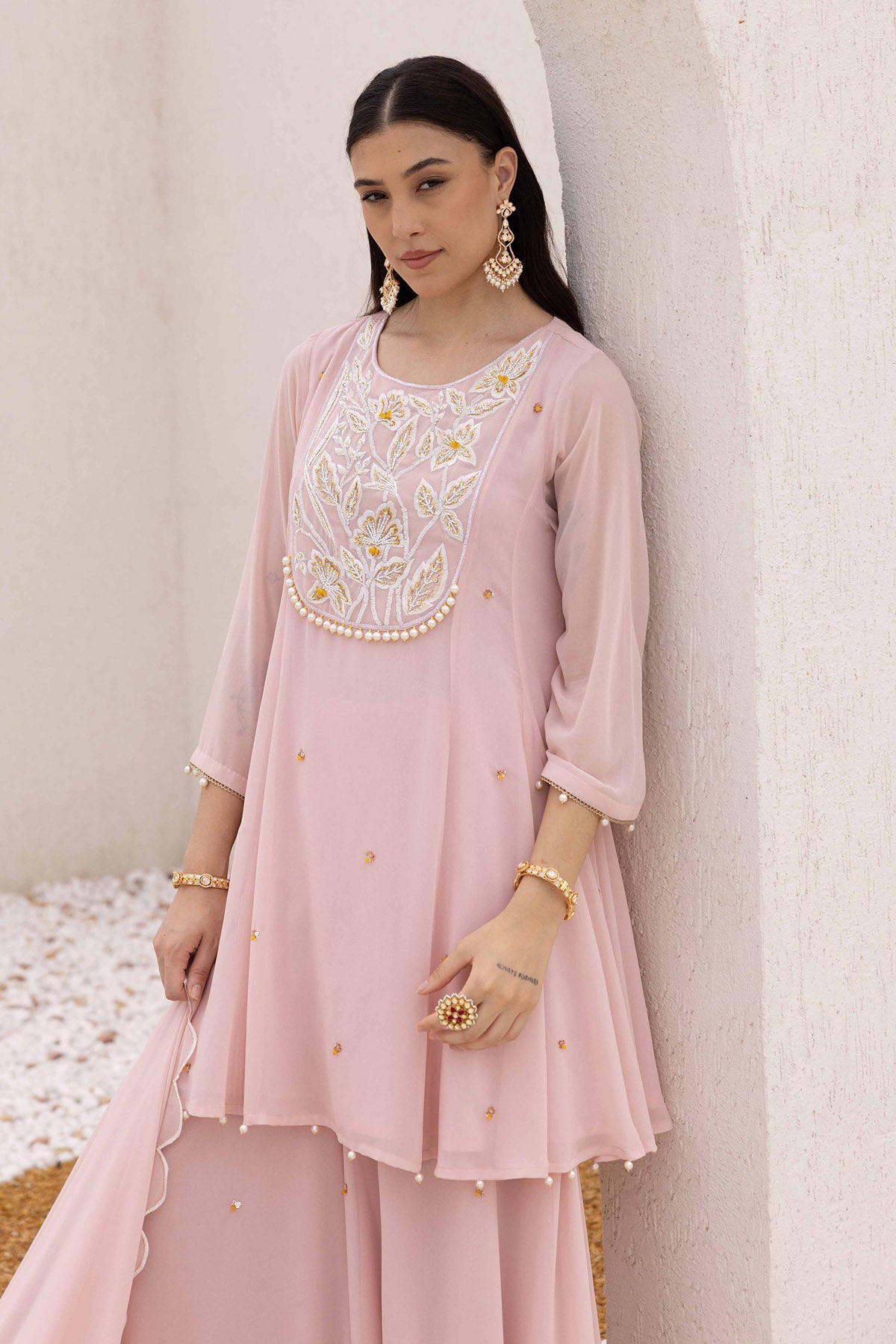 Pink Yoke Embroidered Kurta Set