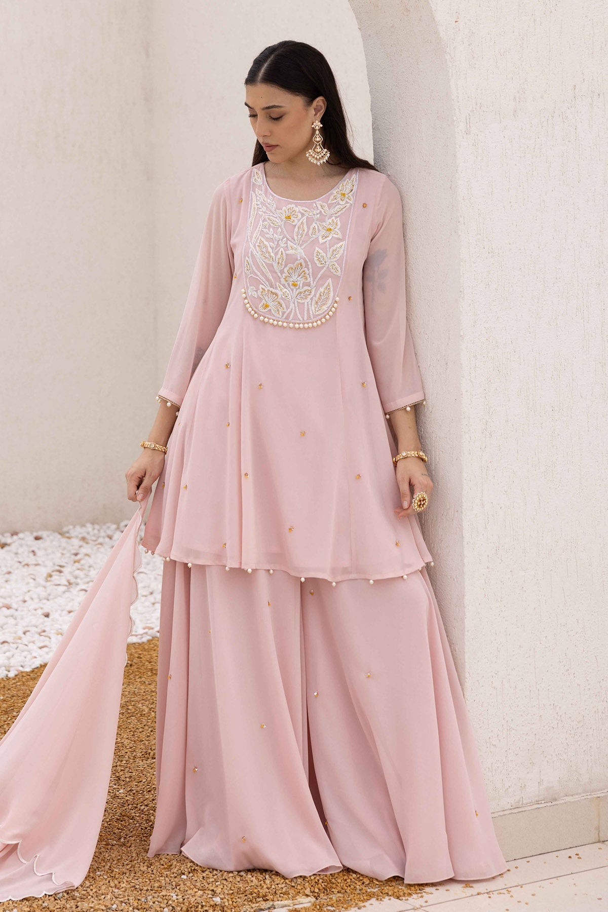 Buy Pink Yoke Embroidered Kurta Set by Ajiesh Oberoi for women online at ScrollnShops