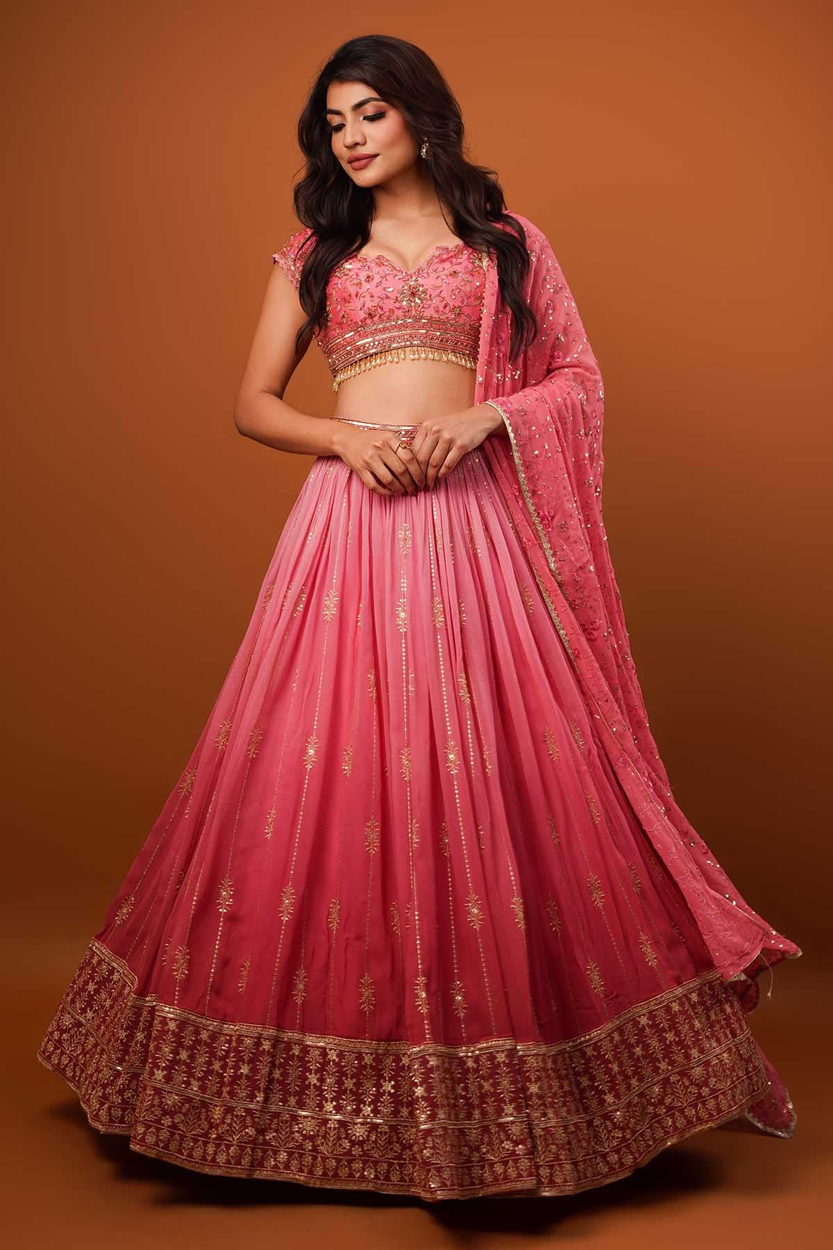 Ajay & Priyanka Pink Zardosi Floral Lehenga Set for women online at ScrollnShops