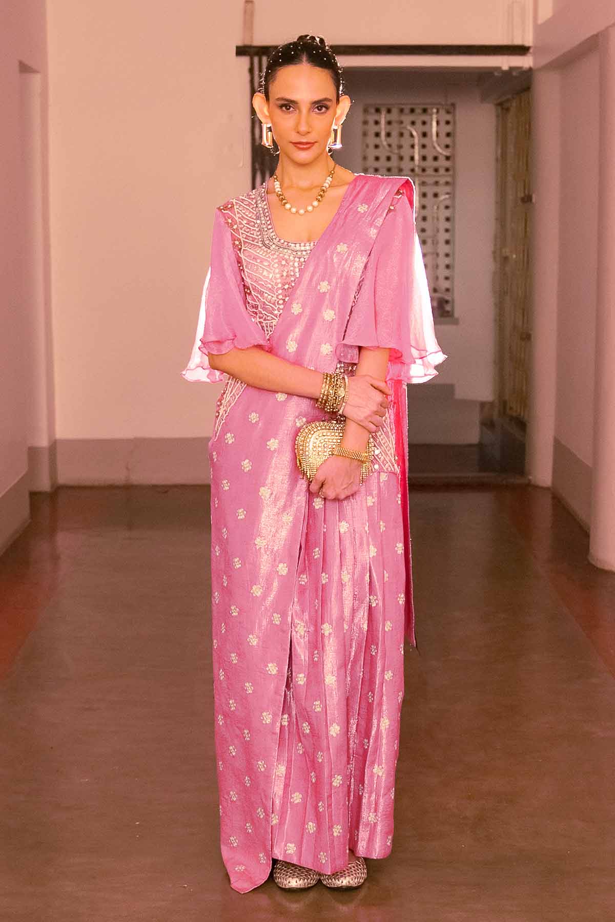 Pink Zardosi Ready To Wear Saree