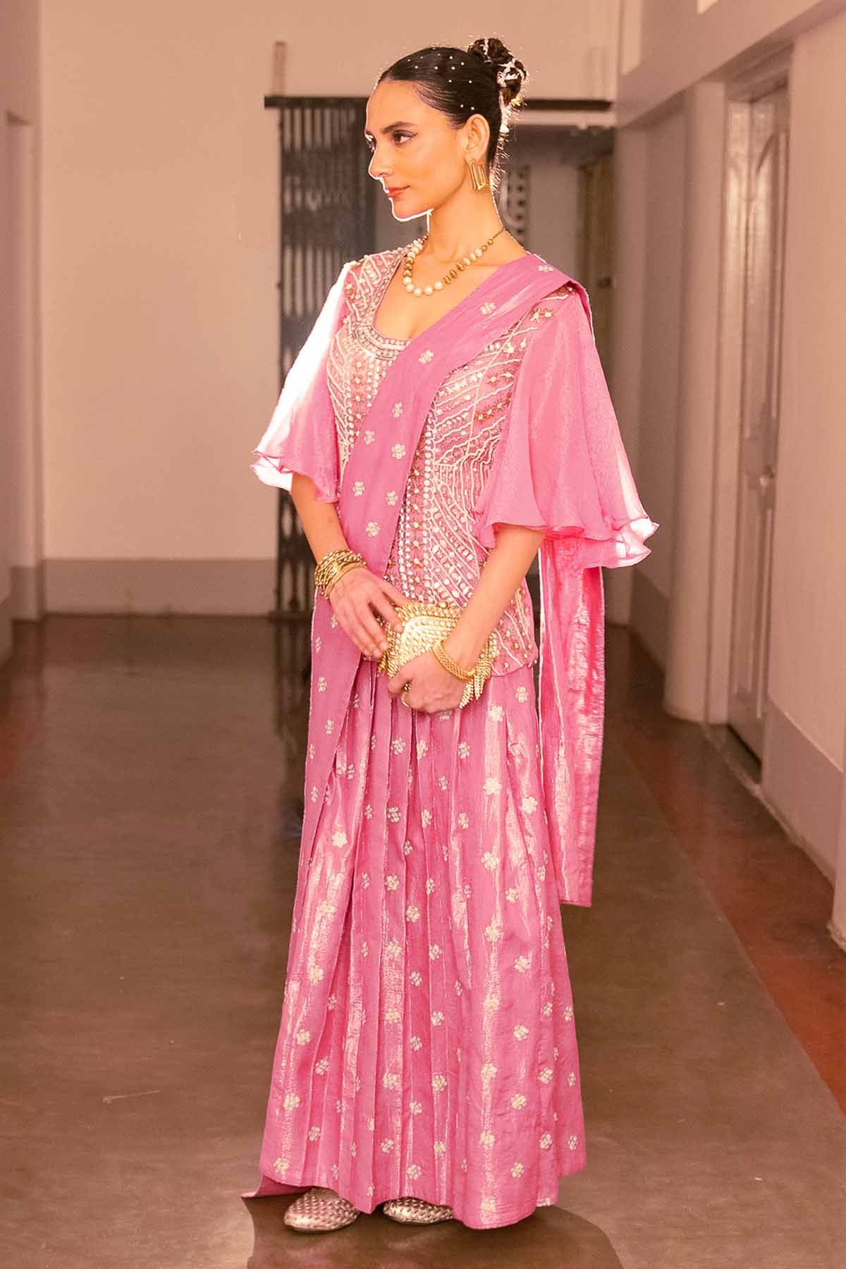 Pink Zardosi Ready To Wear Saree