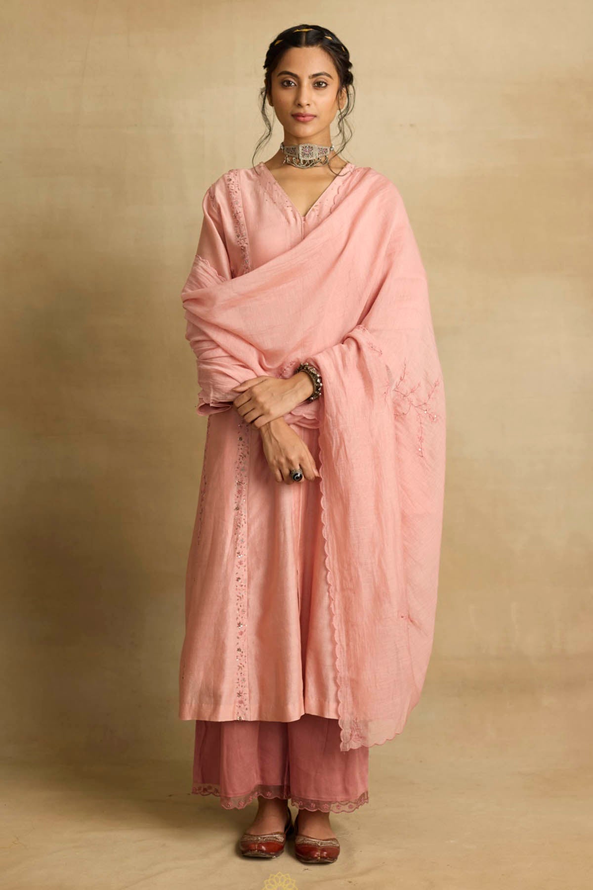 Rhua Pink Zardozi A-Line Kurta Set for women online at ScrollnShops