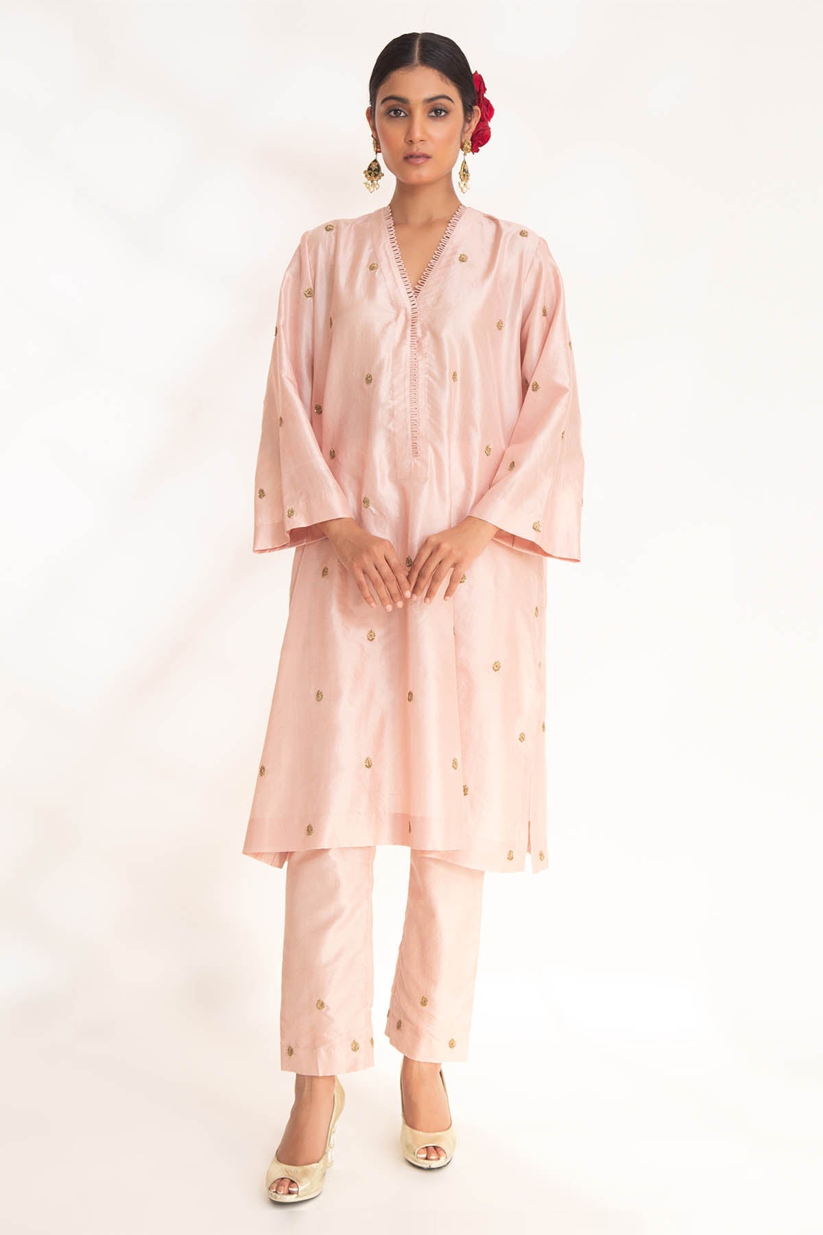 Chhaya Mehrotra Pink Zardozi Short Kurta & Pants for women online at ScrollnShops