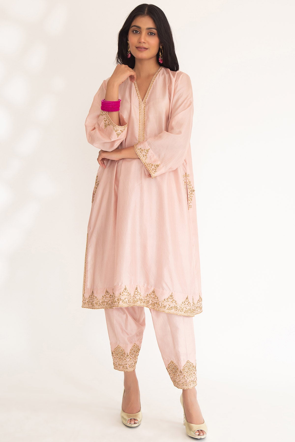 Chhaya Mehrotra Pink Zardozi V-Neck Kurta Set for women online at ScrollnShops