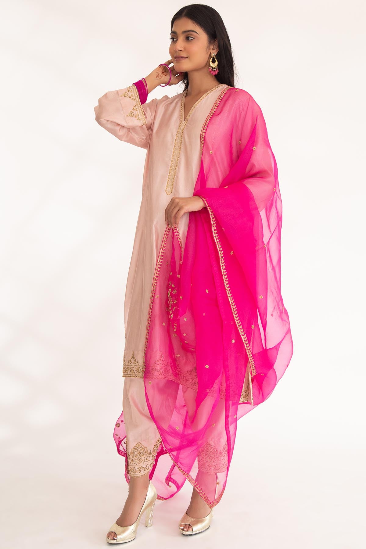 Pink Zardozi V-Neck Kurta Set