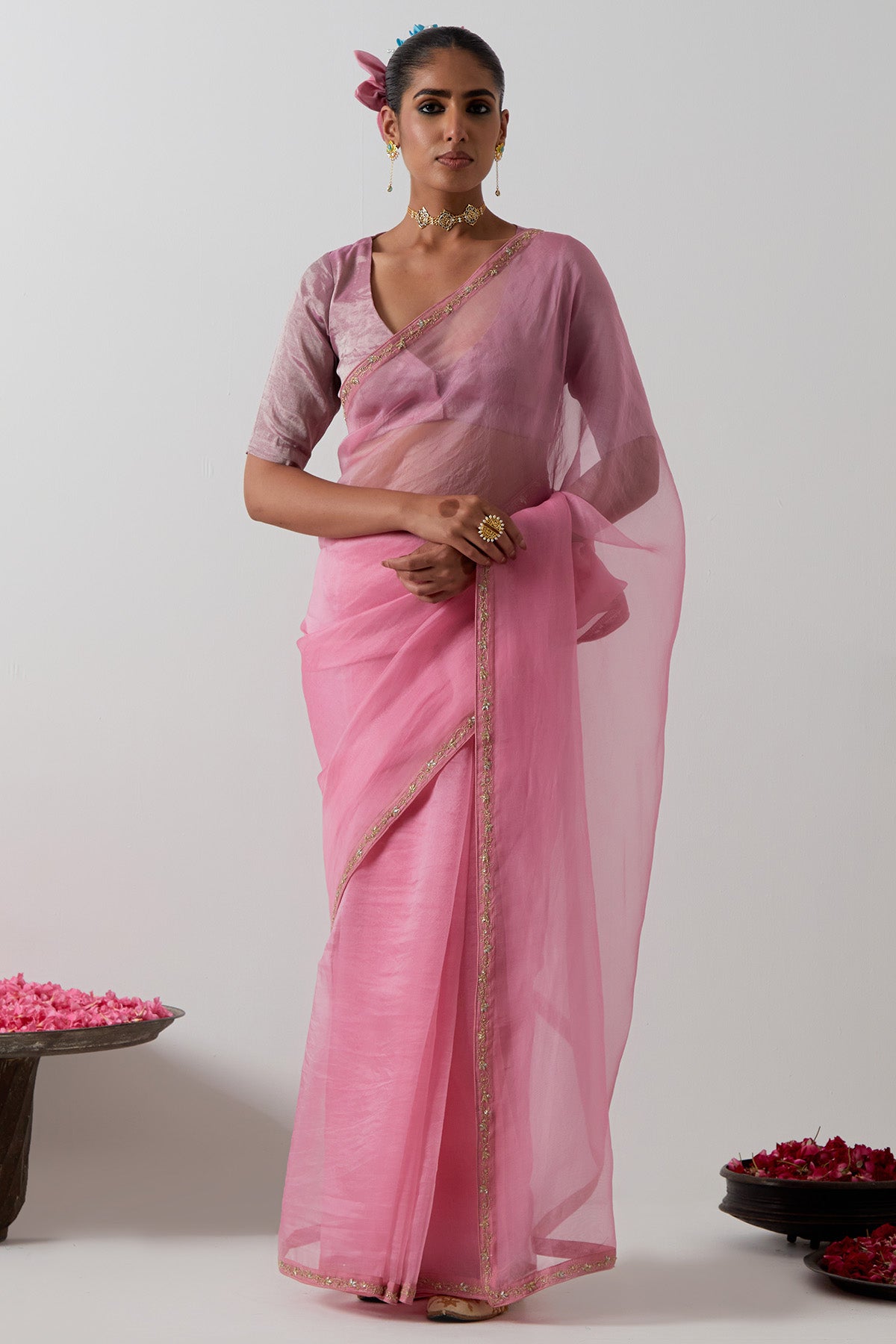 Buy Pink Zari And Katan Saree Set for women by Vinusto online available at scrollnshops