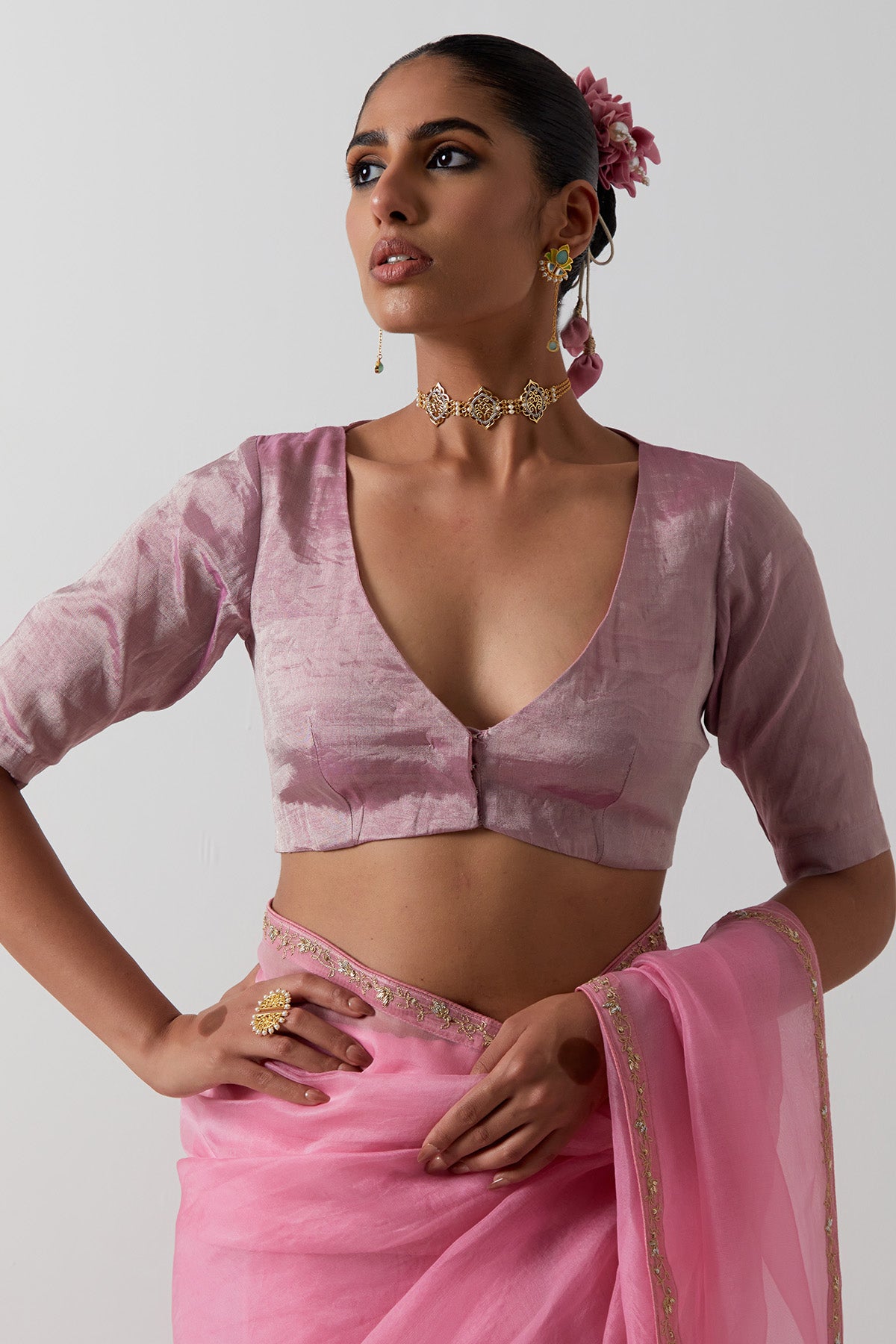 Pink Zari And Katan Saree Set