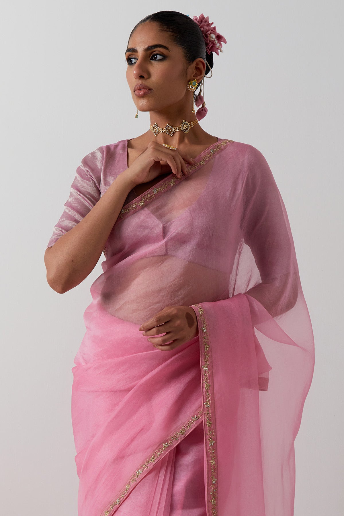 Pink Zari And Katan Saree Set