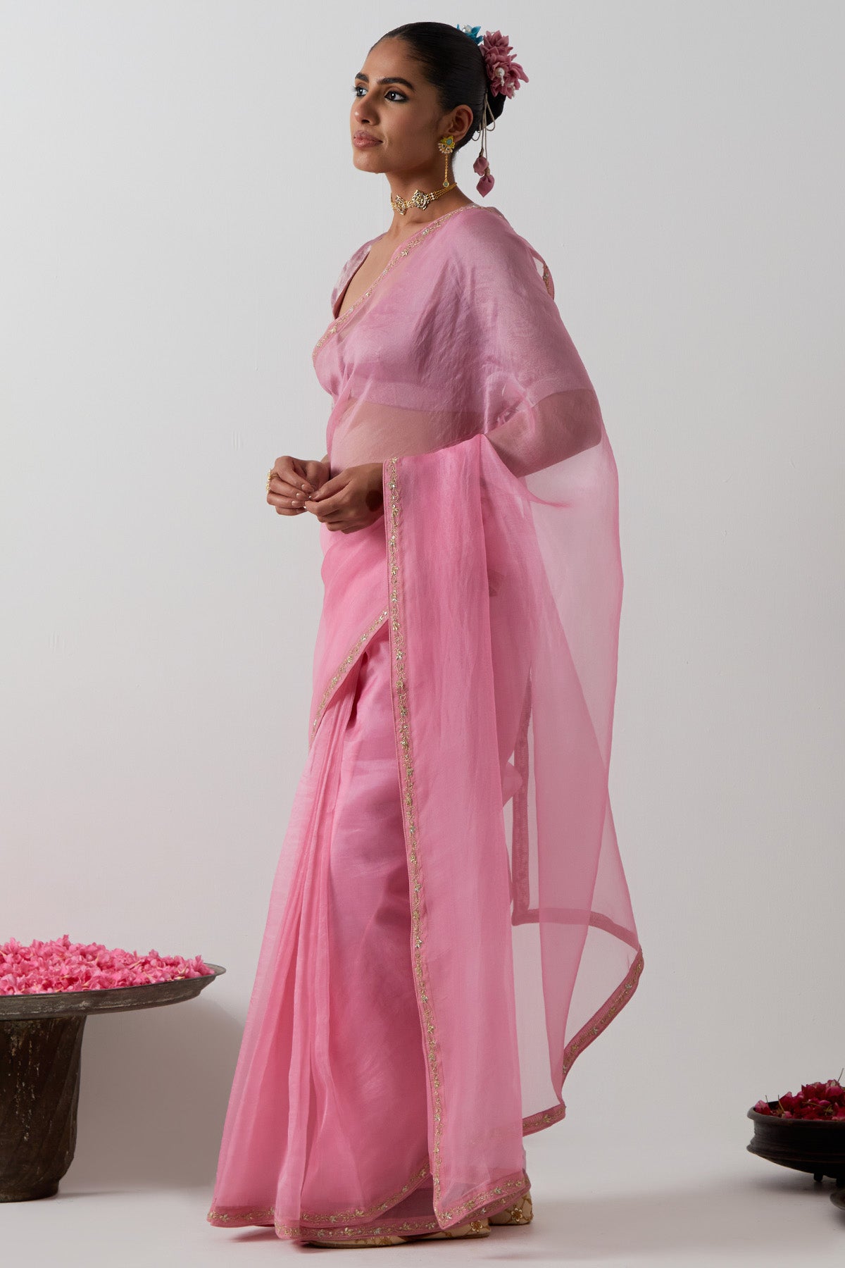 Pink Zari And Katan Saree Set
