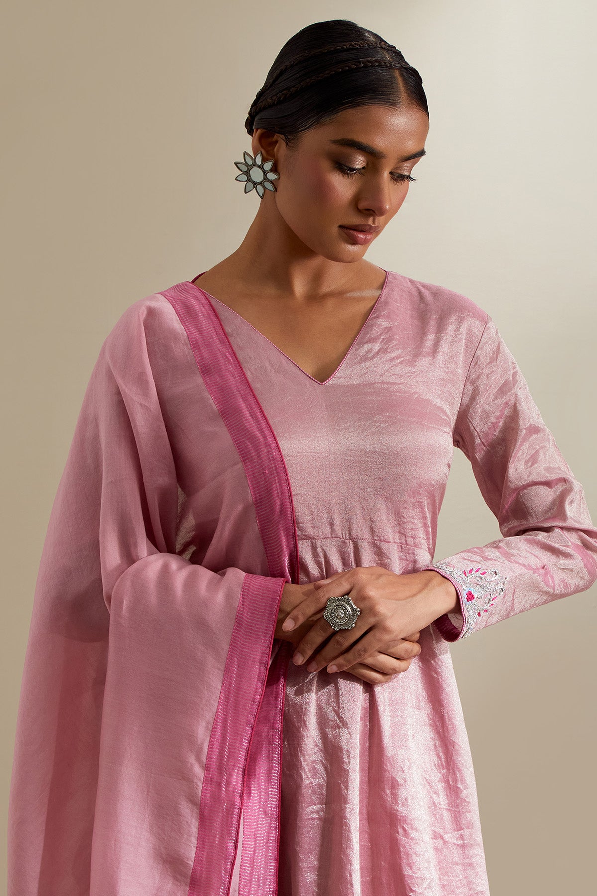 Pink Zari Chanderi Kurta Set