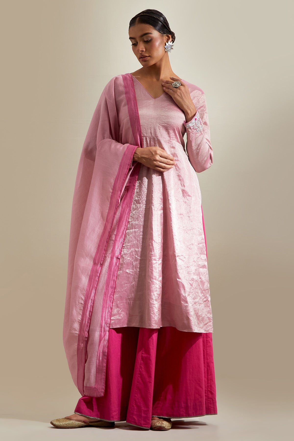 Buy Pink Zari Chanderi Kurta Set for women by Vinusto online available at scrollnshops