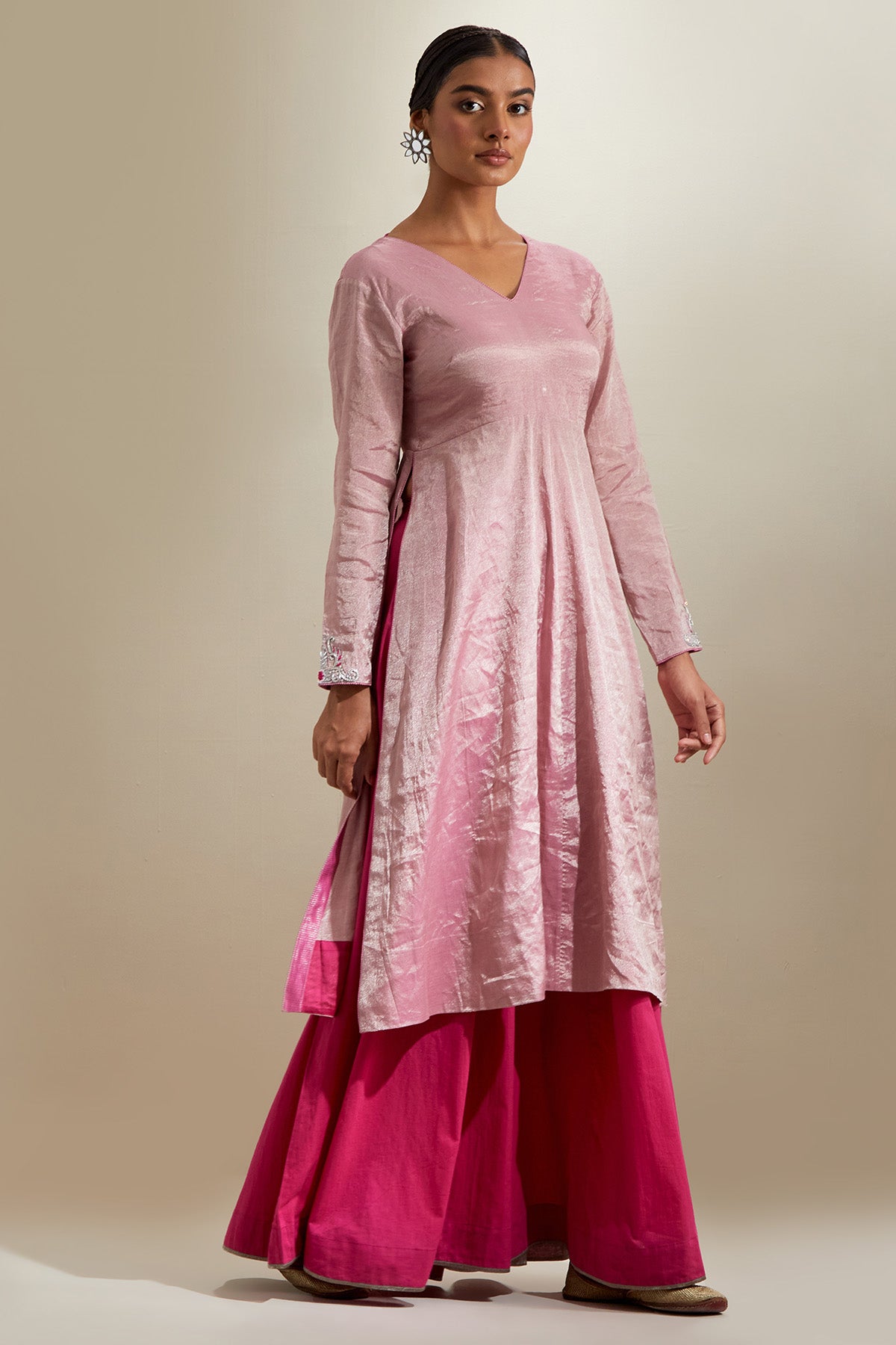 Pink Zari Chanderi Kurta Set