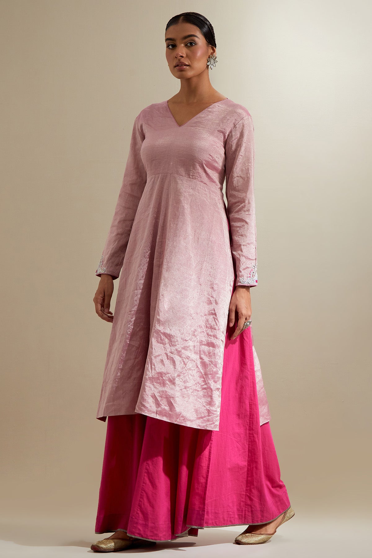 Pink Zari Chanderi Kurta Set