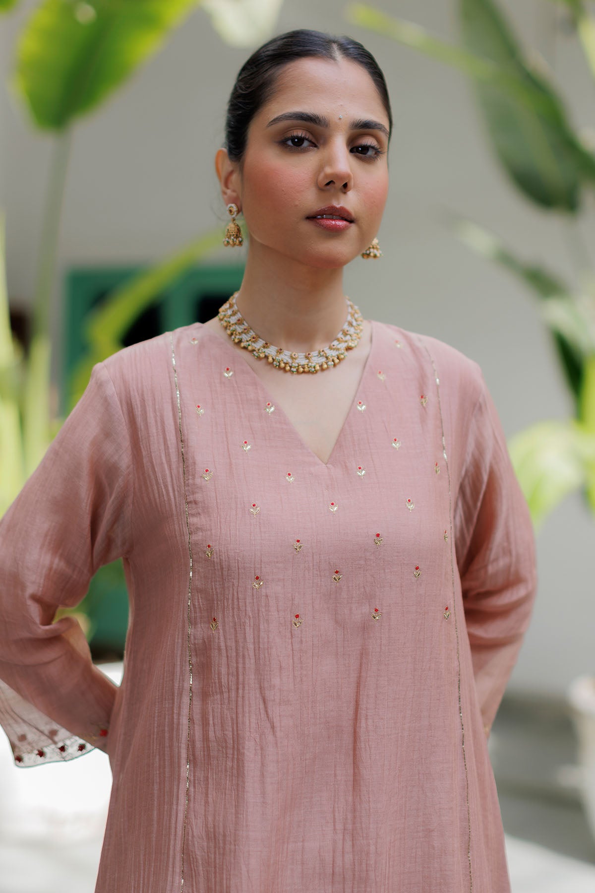 Pink Zari Detail Yoke Kurta Set